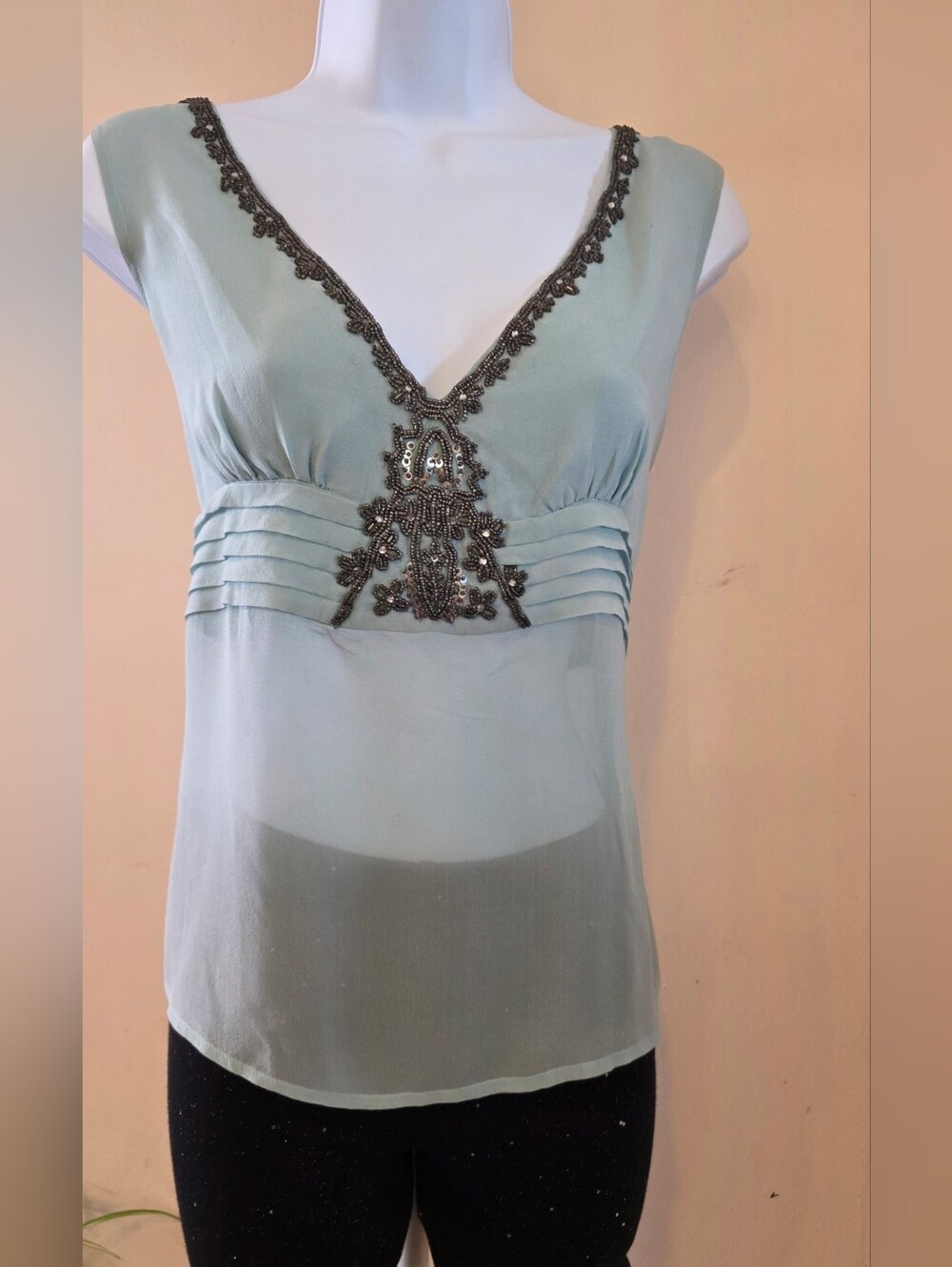 Tracy M Pale Blue V-Neck Beaded Camisole